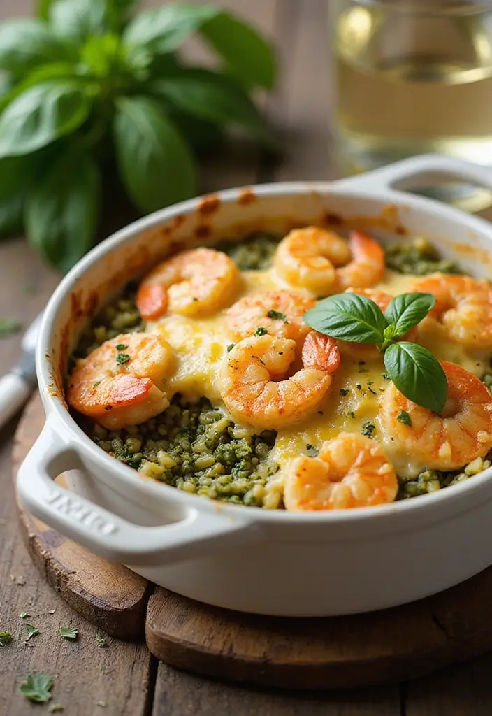 25+ Seafood and Rice Casserole Recipes for Family Meals - 11. Pesto Shrimp and Rice Casserole