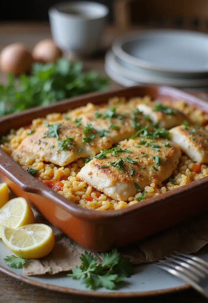 25+ Seafood and Rice Casserole Recipes for Family Meals - 16. Herbed Fish and Rice Casserole