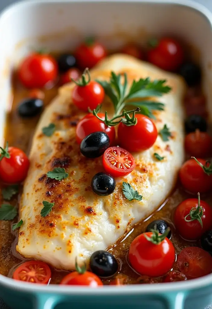27 Easy Dinner Recipes Featuring Fresh Seafood 41 27 Easy Dinner Recipes Featuring Fresh Seafood - 7. Baked Cod with Tomatoes and Olives