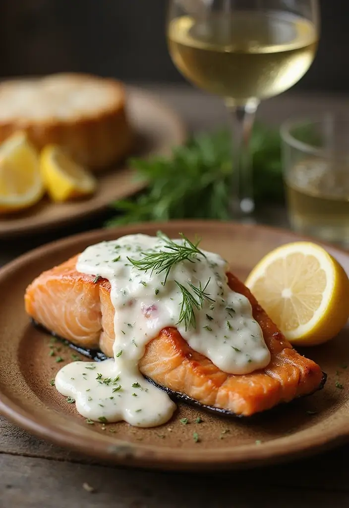 27 Romantic Seafood Dinner Recipes for Two - 3. Baked Salmon with Dill Sauce