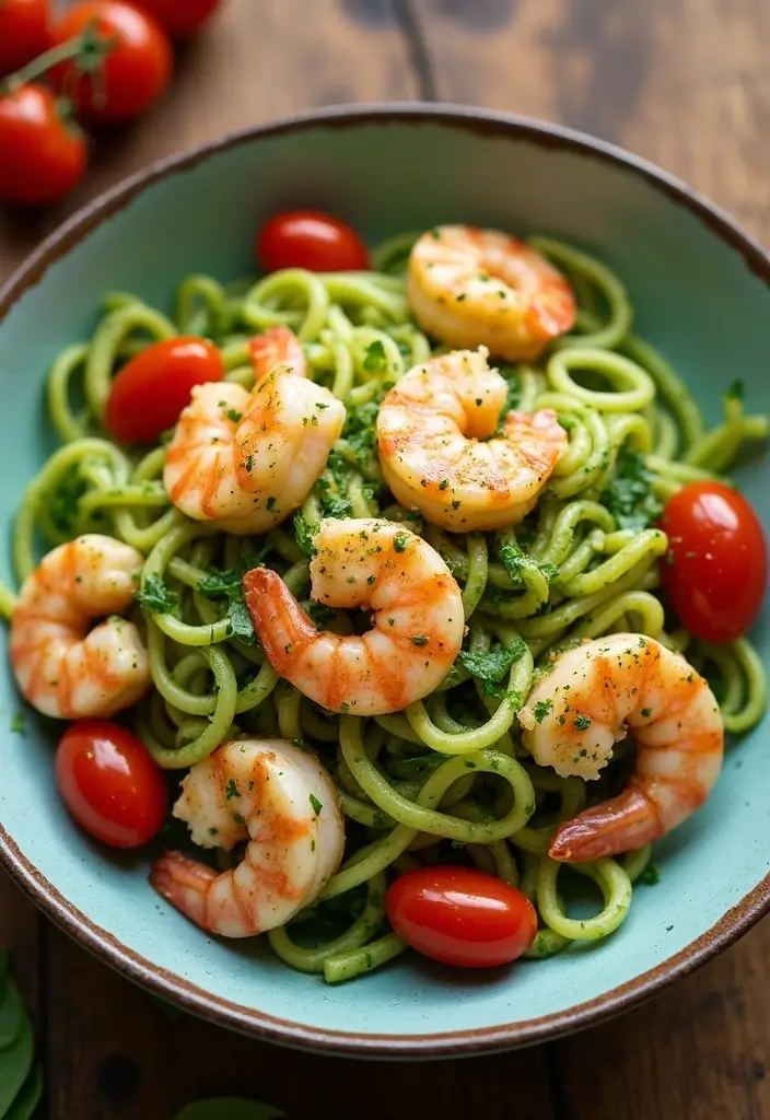 27 Romantic Seafood Dinner Recipes for Two - 9. Pesto Shrimp and Zucchini Noodles