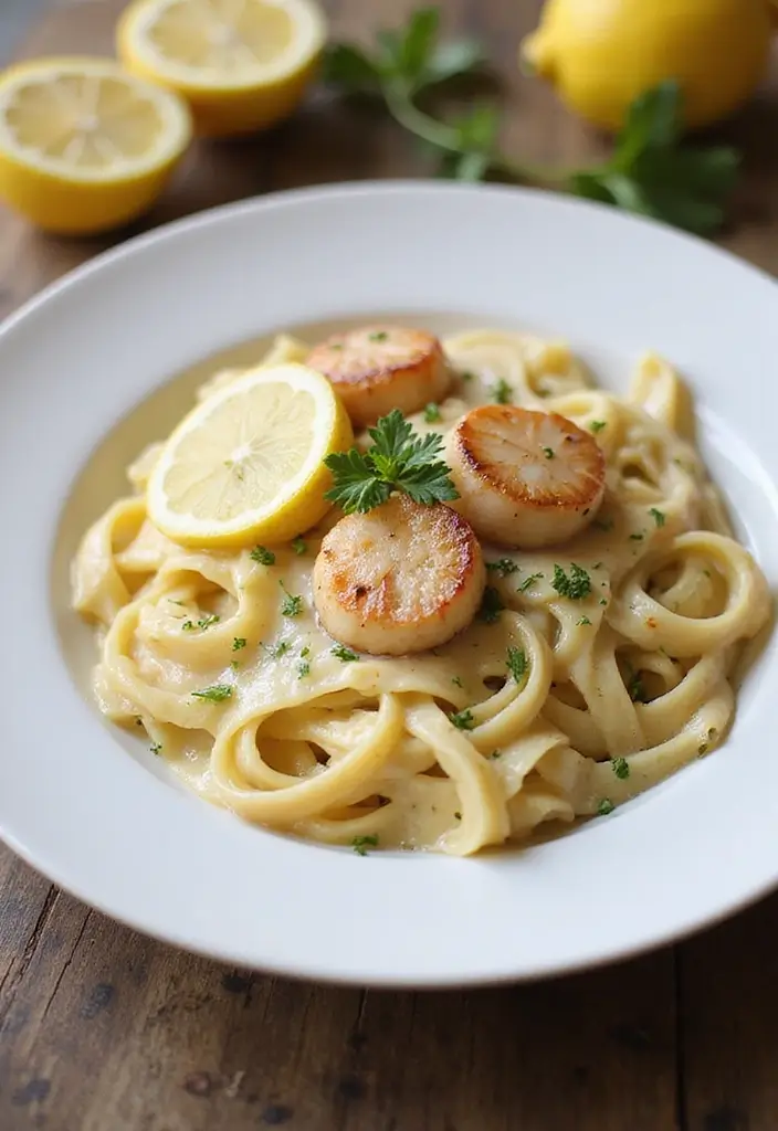 27 Seafood Fettuccine Alfredo Recipes for Creamy Perfection 8 27 Seafood Fettuccine Alfredo Recipes for Creamy Perfection - 2. Lemon Garlic Scallop Fettuccine Alfredo