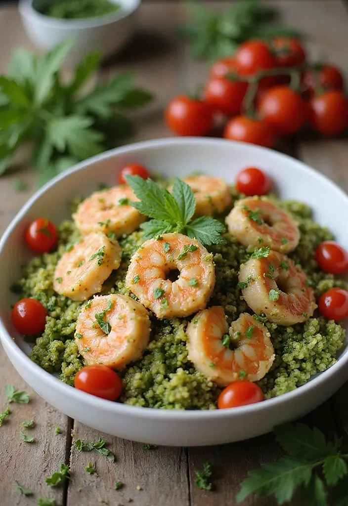 30+ Christmas Eve Seafood Recipes to Celebrate the Season - 28. Pesto Shrimp and Quinoa Salad