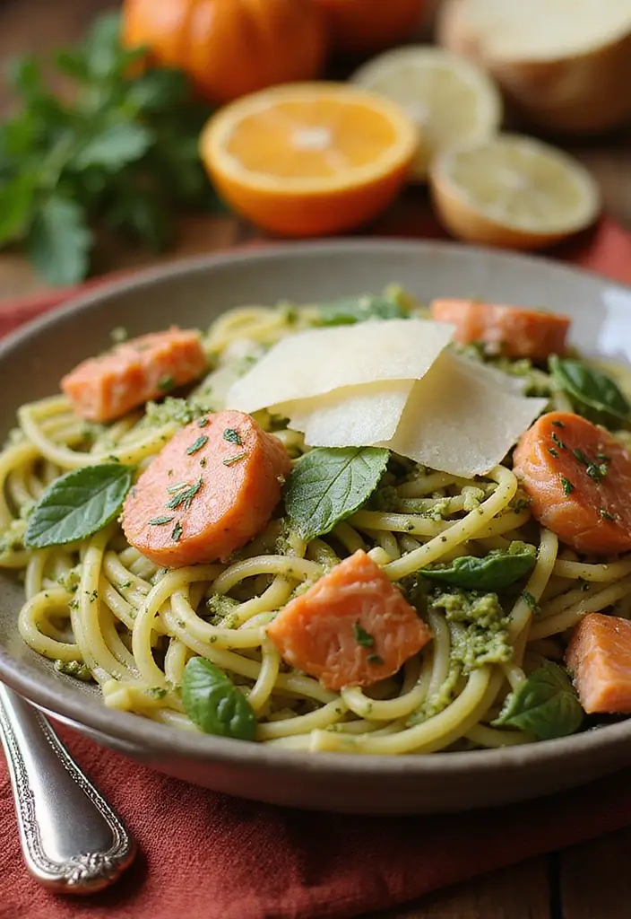 30+ Seafood Recipes for Thanksgiving Feasts 110 30+ Seafood Recipes for Thanksgiving Feasts - 18. Salmon Pesto Pasta